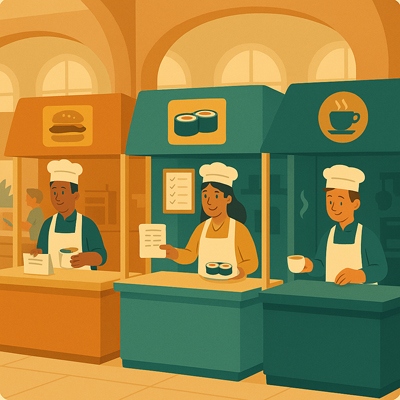 C# concurrency illustrated as a food court with stalls and chefs