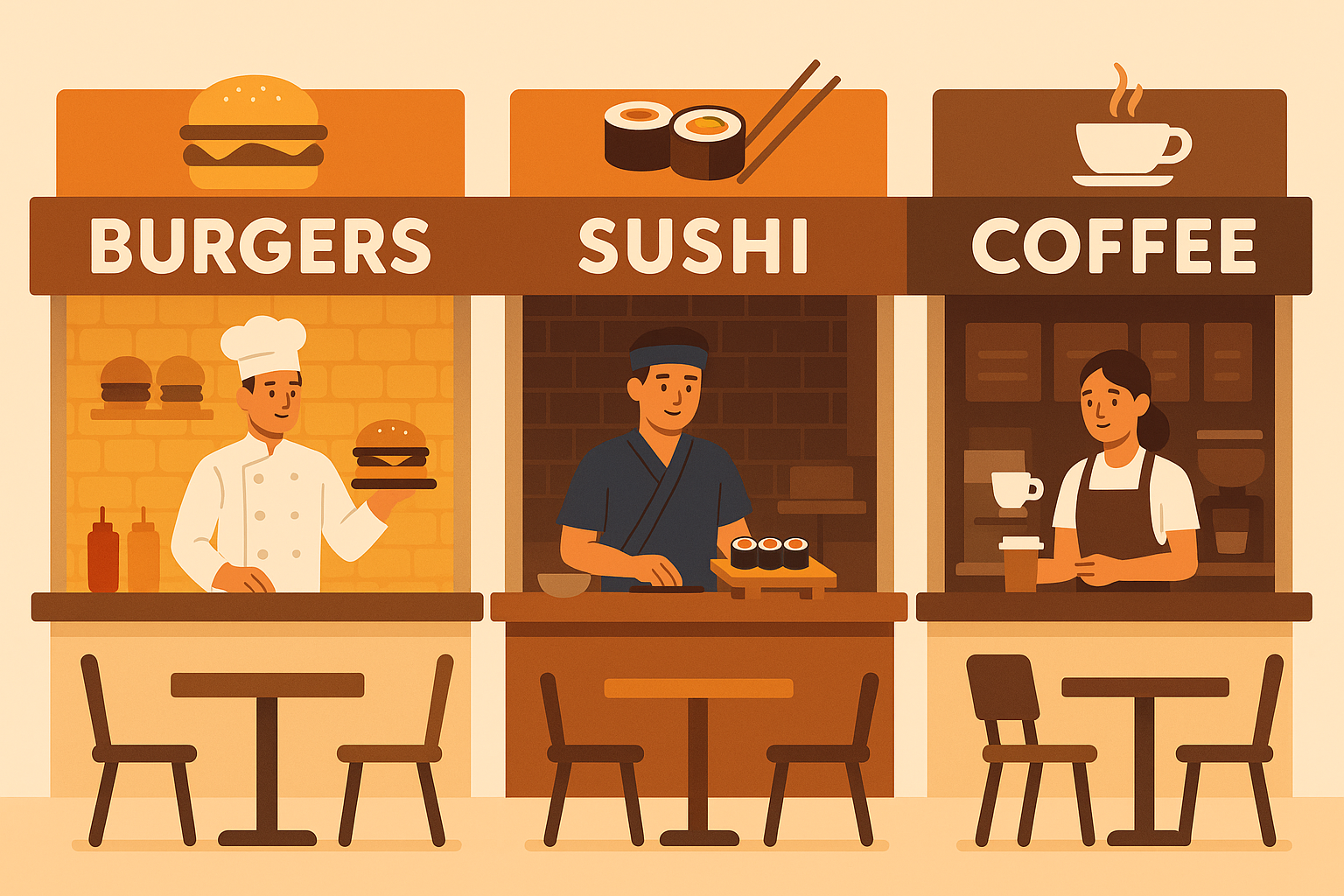 C# concurrency illustrated as a food court with stalls and chefs